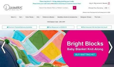 編み物やかぎ針編みの製品を販売する英国のオンライン小売業者、Deramores の米国 Web サイト。