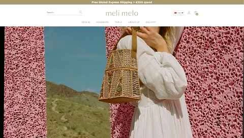 英国の高級ハンドバッグとアクセサリーのブランド、meli melo UK のウェブサイト。