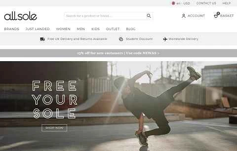 AllSole（米国およびカナダ）公式サイト、英国の靴のeコマースサイト