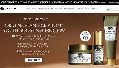 Origins（別名Origins Plantscription）は、エスティ ローダー傘下の美容・スキンケアブランドです。（英国公式ウェブサイト）