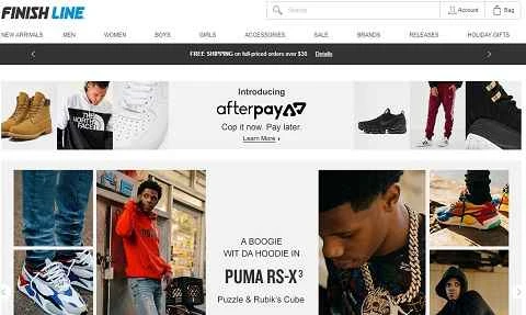 アメリカのスポーツウェアとフットウェアのブランド、FinishLine のウェブサイト。