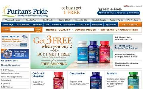 アメリカの有名なオンライン健康サプリメント小売業者、Puritan's Pride の公式ウェブサイト。