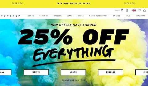 英国のファストファッションブランド、Topshop UK のウェブサイト。
