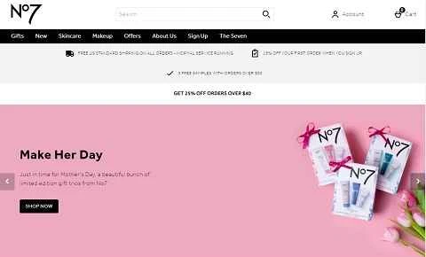 有名な英国のドラッグストアチェーン Boots 傘下のプライベートブランド、No7 の米国ウェブサイト。