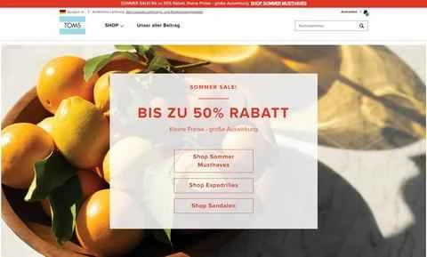 アメリカの有名カジュアルシューズブランド「TOMS」がドイツのウェブサイトに公式に掲載されています。