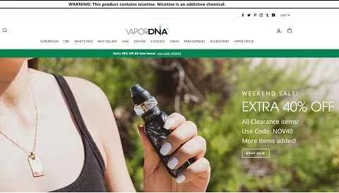 米国を拠点とする電子タバコブランドのウェブサイト、VaporDNA。