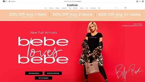 アメリカの有名な高級婦人服ブランドのウェブサイト、Bebe。